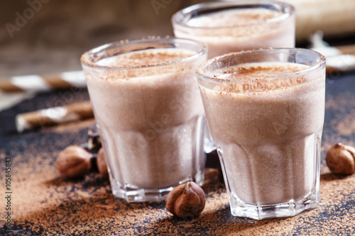 Banana nut smoothie with chocolate, selective focus