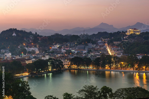 An aerial view of Kandy nestled amongst the mountains in Sri Lanka.