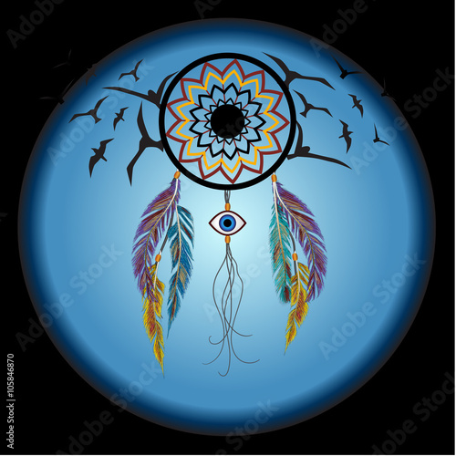 Dreams catcher with decorative feathers and birds. Amulet against the evil eye. Boho style. Indian amulet.