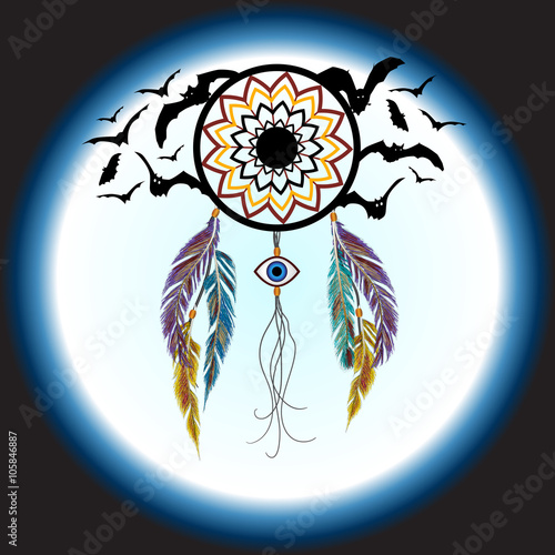 Dreams catcher with decorative feathers and bats. Amulet against the evil eye. Boho style. Indian amulet.