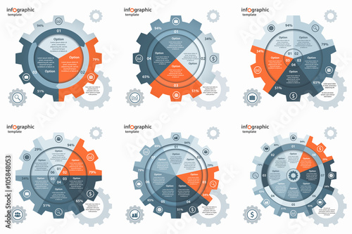 Vector gear wheel cogwheel circle infographic set. Templates for business and industry with 3,4,5,6,7,8 processes, options, parts, steps. Can be used for infographics, diagram, graph, presentation.