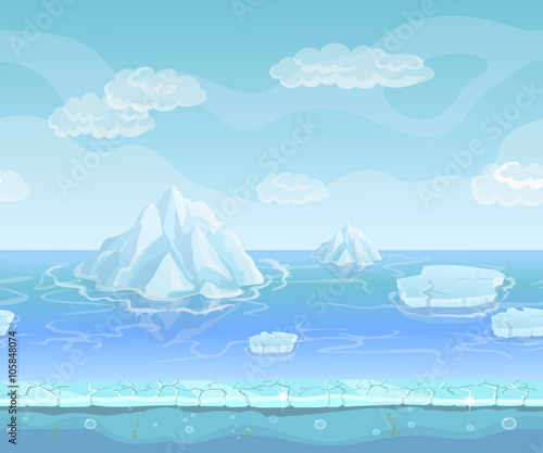 Cartoon winter landscape with iceberg and ice  snow sky. Seamless vector nature background for UI games. 