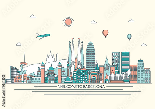 Barcelona detailed skyline. Vector background. line illustration. Line art style