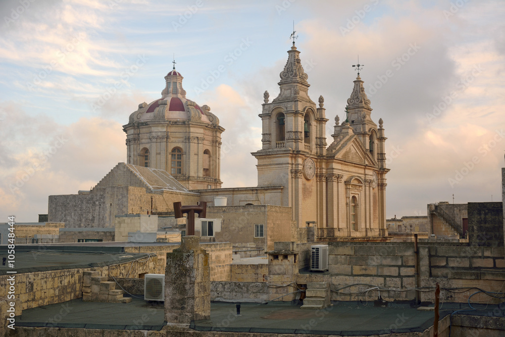 View of St Pauls Cathedral in Mdina, Malta from the roof of Palazzo Falson.