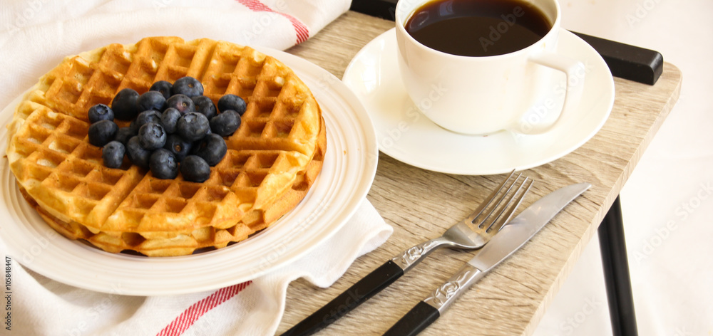 Fotografie Waffle Breakfast with blueberry and coffee