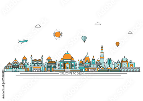 Delhi detailed skyline. Travel and tourism background. Vector background. line illustration. Line art style