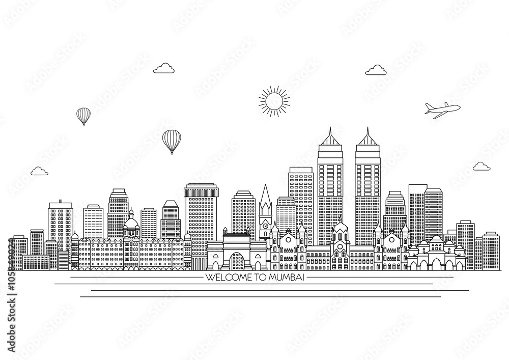 Fototapeta premium Mumbai detailed skyline. Travel and tourism background. Vector background. line illustration. Line art style