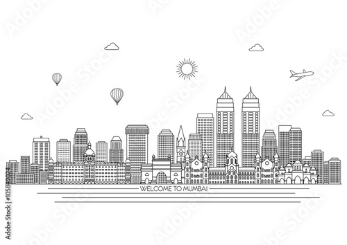 Mumbai detailed skyline. Travel and tourism background. Vector background. line illustration. Line art style