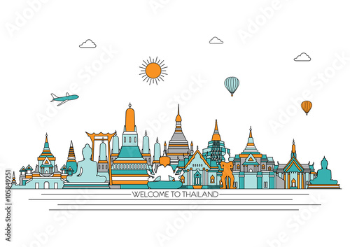 Thailand detailed Skyline. Travel and tourism background. Vector background. line illustration. Line art style