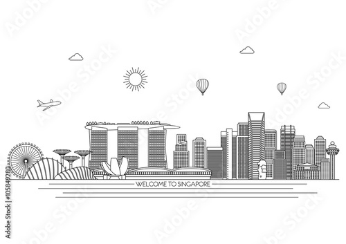 detailed Skyline. Travel and tourism background. Vector background. line illustration. Line art style