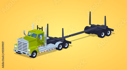 Empty log truck against the yellow background. 3D lowpoly isometric vector illustration