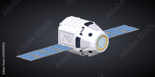 Modern reusable spaceship against the black background. 3D lowpoly isometric vector illustration