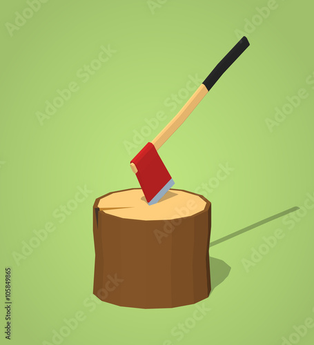 Hatchet in the stump against the green background. 3D lowpoly isometric vector illustration