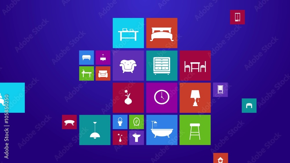 Trendy computer or mobile application app program animation of flat home appliance furniture and interior decoration tool icon in colorful geometric square block window background in 4k ultra hd Trendy computer or mobile application app program animation of flat home appliance furniture and interior decoration tool icon in colorful geometric square block window background in 4k ultra hd