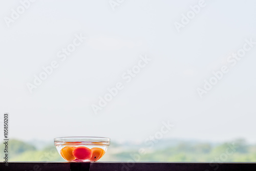 Tomatoes in Glass Bow of Water in Open Air photo
