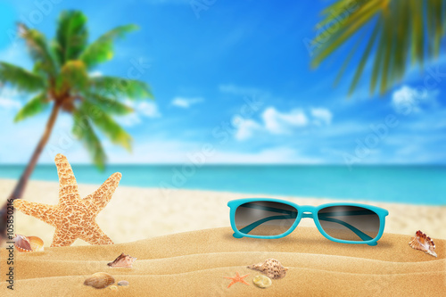 Sun glasses on beach. Starfish and shells on sand. Beach and sea with palm in background.