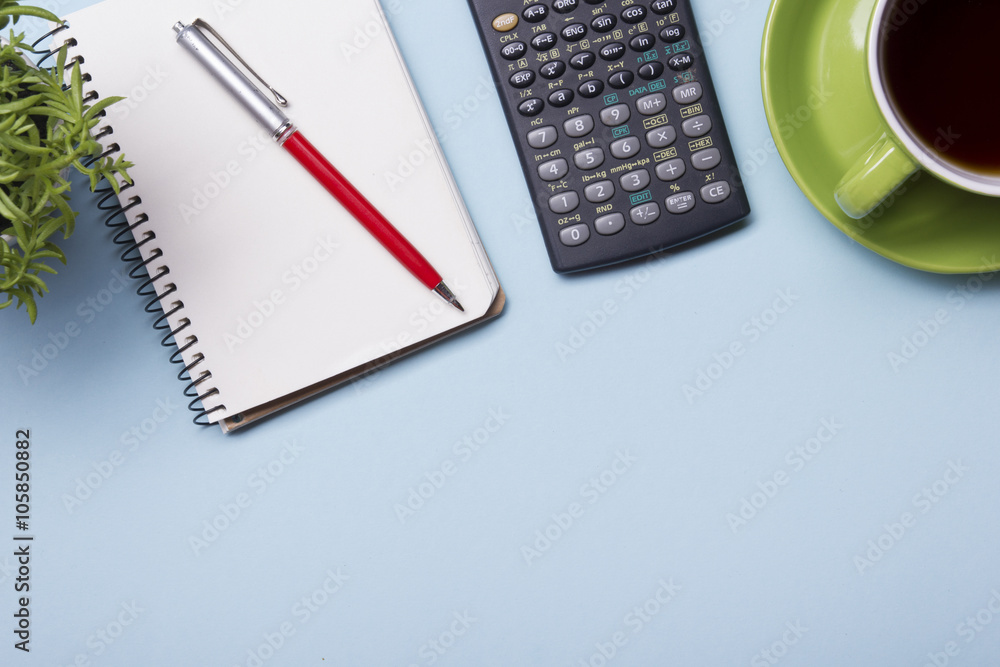 Office table with supply and coffe cup. View from above. Copy space for text Office table with supply and coffe cup. View from above. Copy space for text