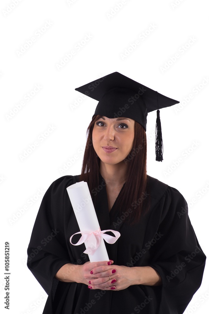 Young girl in student mantle with diploma Young girl in student mantle with diploma