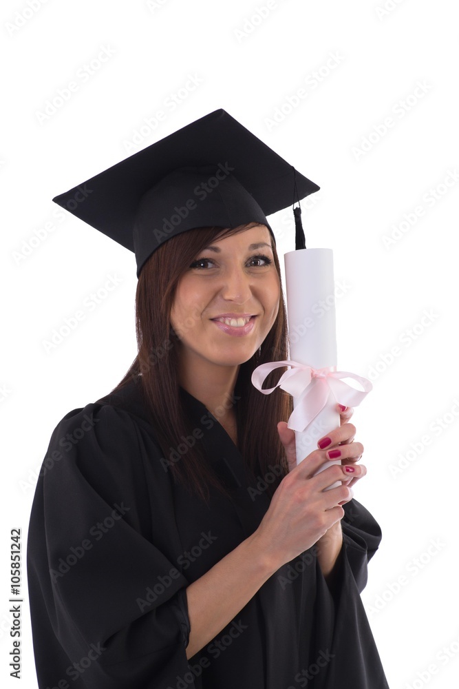 Young girl in student mantle with diploma Young girl in student mantle with diploma