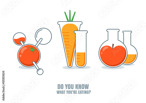 Vector illustration of fruits, vegetables with pesticides or chemicals. Do you know what you're eating. Carrot, tomato, apple icons. Unhealthy or gmo food concept. Farming and agriculture technologies