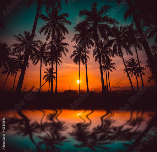 Silhouette coconut palm trees on beach and reflection at sunset. Vintage tone.