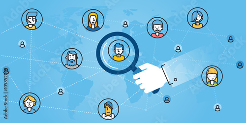 Flat line design website banner of networking, find the right person, searching people for the job, human resources. Modern vector illustration for web design, marketing and print material.