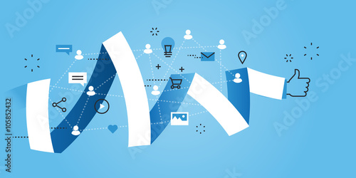 Flat line design website banner of social media. Modern vector illustration for web design, marketing and print material.