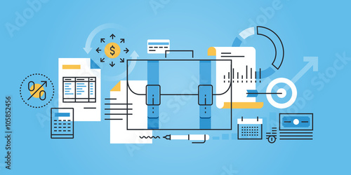 Flat line design website banner of business, finance, bookkeeping, accounting. Modern vector illustration for web design, marketing and print material.