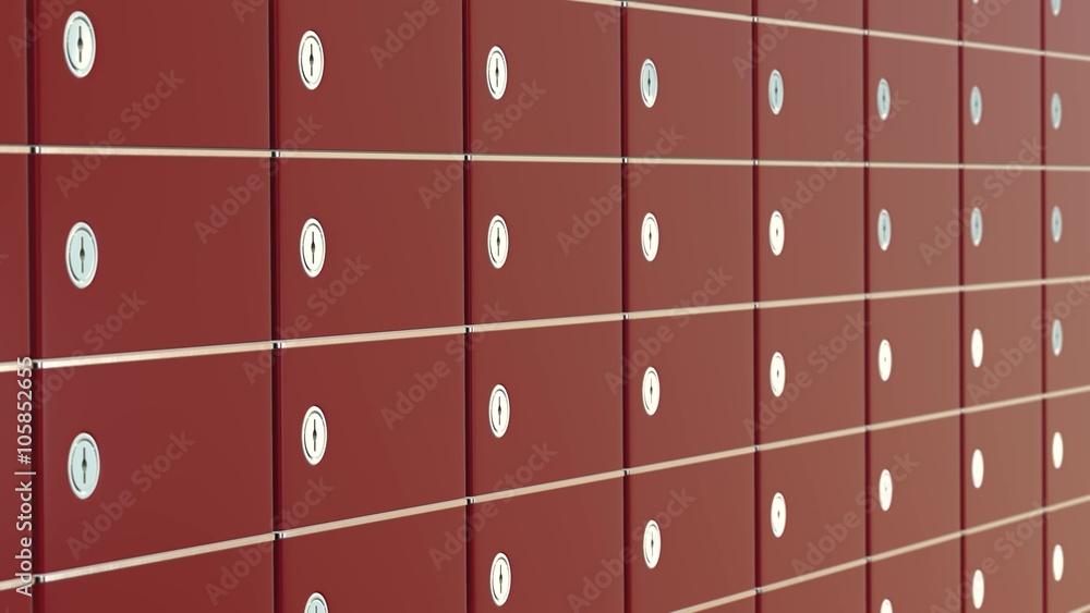 horizontal panning on a wall of red safe boxes (3d render) horizontal panning on a wall of red safe boxes (3d render)