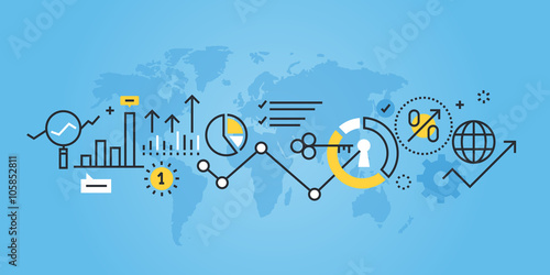 Flat line design website banner of market research. Modern vector illustration for web design, marketing and print material.