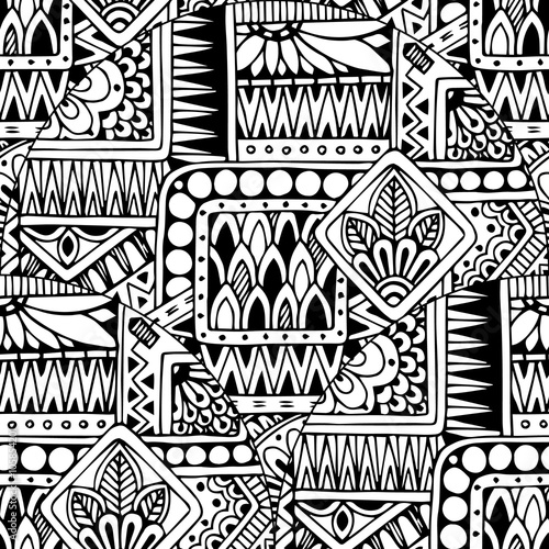 Seamless asian ethnic floral doodle black and white background pattern