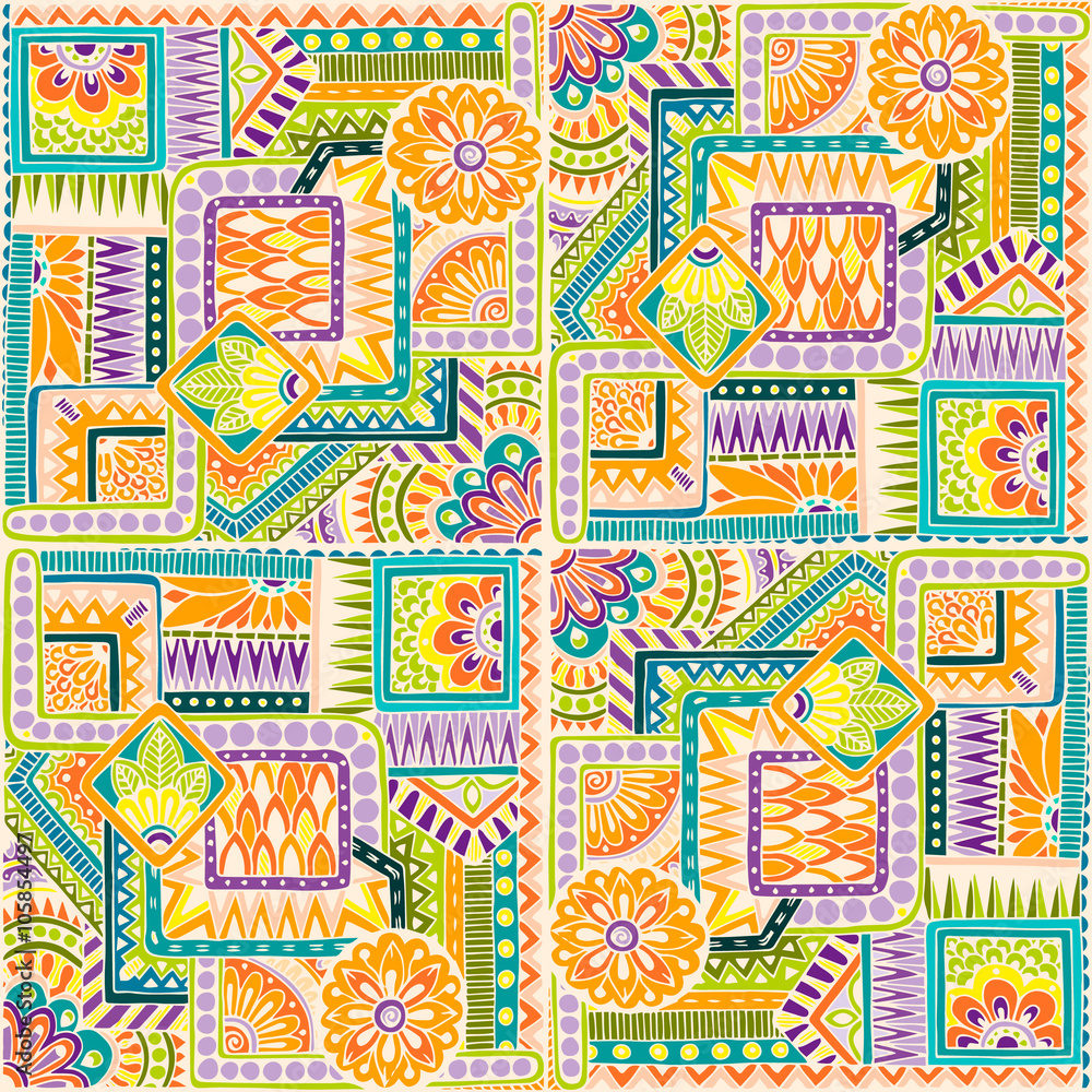 Obraz premium Seamless asian ethnic floral retro doodle background pattern