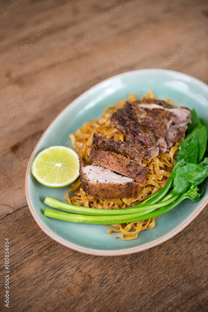Thai fusion food, Egg noodle with grill chicken. Thai fusion food, Egg noodle with grill chicken.
