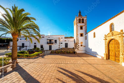 Central square with church tower in Betancuria village on Fuerteventura island in Spain