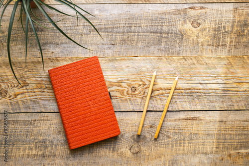 Blank notebook with plant on wooden table