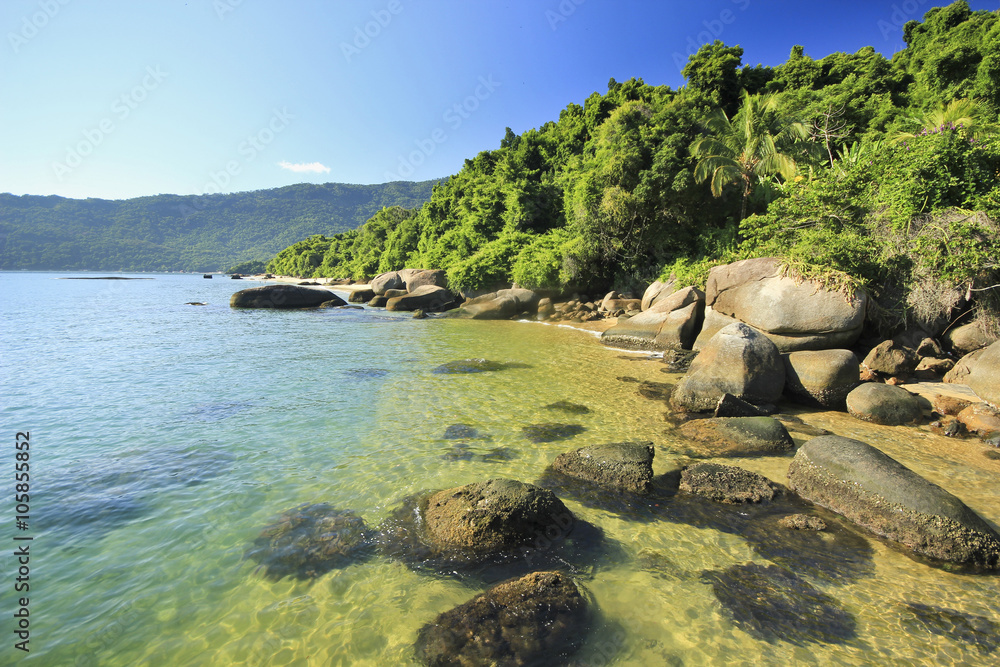 tropical beach with green water, stones on shore and bottom