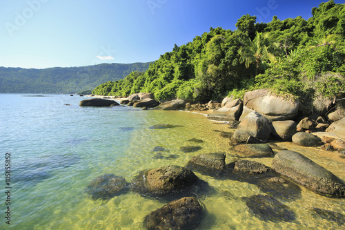 tropical beach with green water, stones on shore and bottom