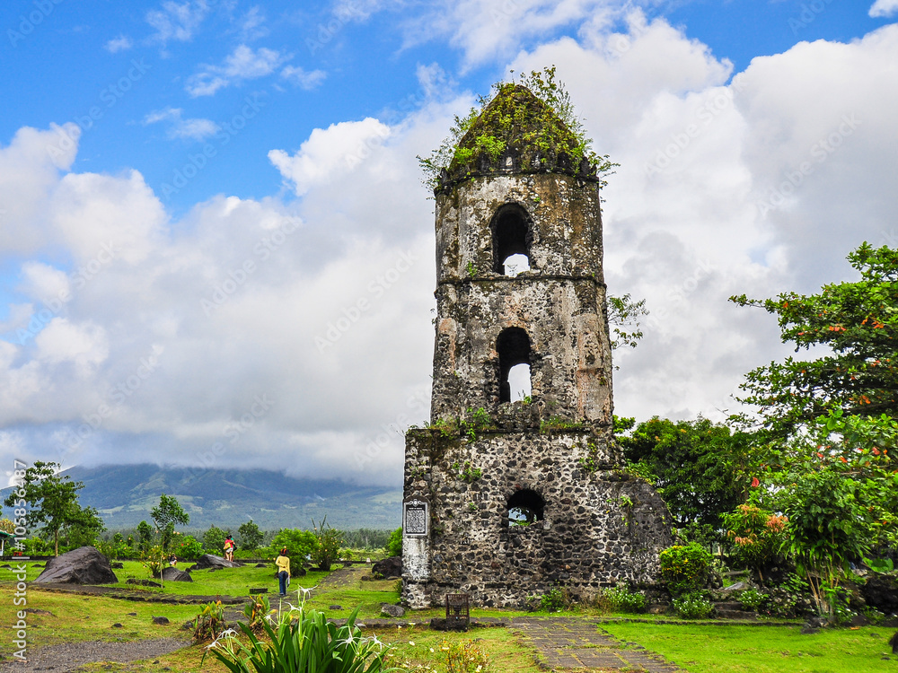 Only the bell tower remains of the Cagsawa Church, which was buried by the 1814 eruption of Mayon Volcano in the municipality of Daraga, Albay, the Philippines.