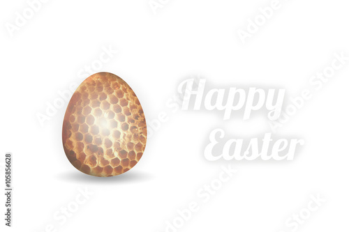 Easter egg with honey texture and Happy Easter text standing on a plain white background