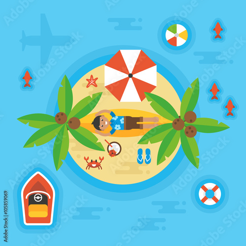 Summer holiday vacation concept with man on desert island. 
