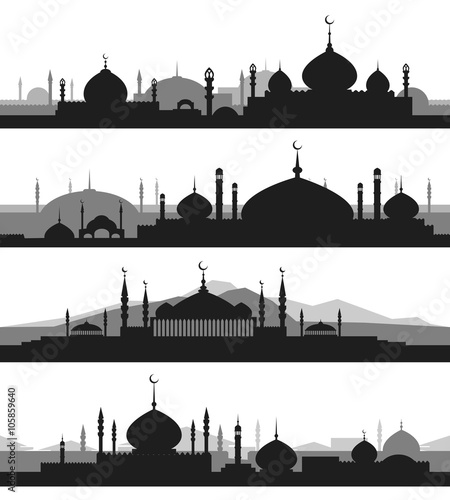 Islamic cityscape with mosque silhouettes