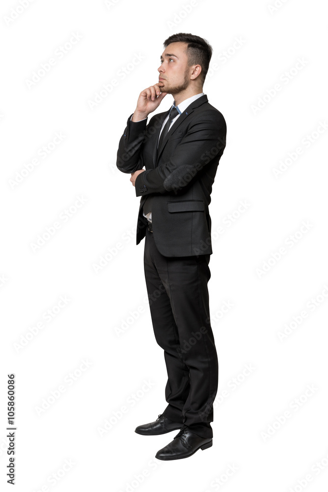 Full portrait of young man in business suit, thinking about something, isolated on a white background Full portrait of young man in business suit, thinking about something, isolated on a white background