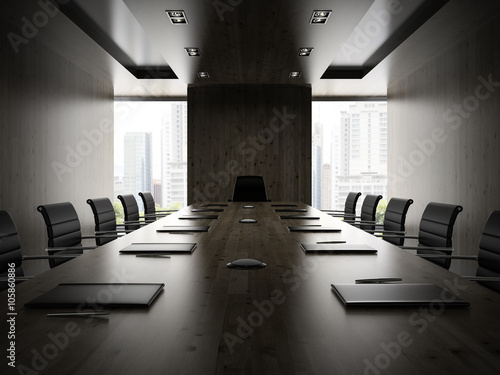 Interiopr of modern boardrooml with black armchairs 3D rendering photo