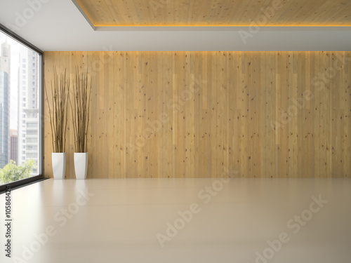 Empty room with wooden wall 3D rendering