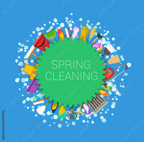 Spring cleaning round background. Set of cleaning supplies