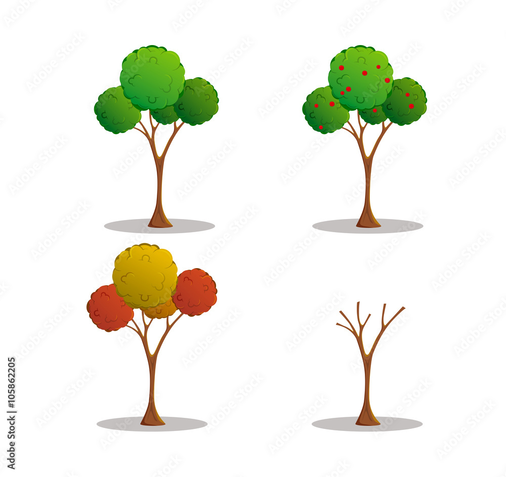 Cartoon style tree in four seasons - spring, summer, autumn, win Stock ...