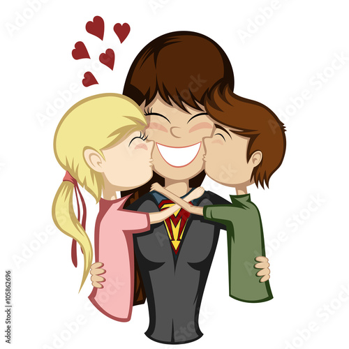 Lovin' mommy collection - A brunette superhero mother and her brunette son and blonde girl (children kiss mother).