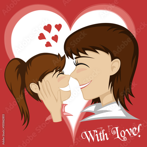 A cute brunette girl and brunette mother's faces (mother caresses with background and text).
