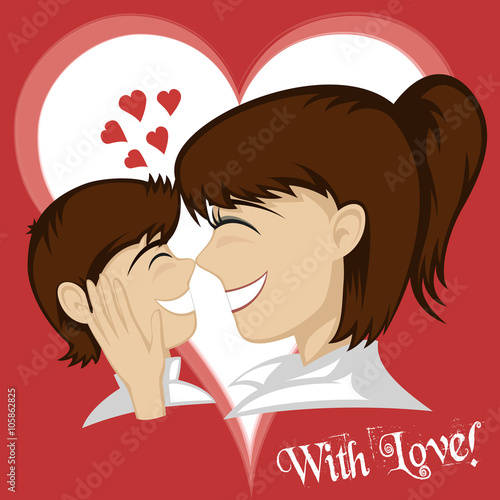 A little brunette boy and brunette mother's faces (mother caresses with background and text).