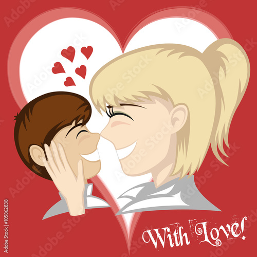 A little brunette boy and blonde mother's faces (mother caresses with background and text).
